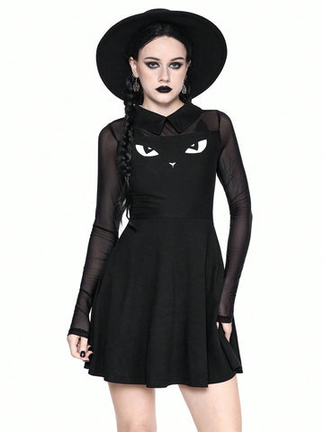 Women wearing a black gothic Halloween cat graphic print mini dress with a collar, extra-long sleeves, and a high waist fit and flare silhouette.