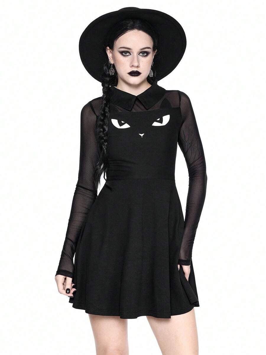 Women wearing a black gothic Halloween cat graphic print mini dress with a collar, extra-long sleeves, and a high waist fit and flare silhouette.