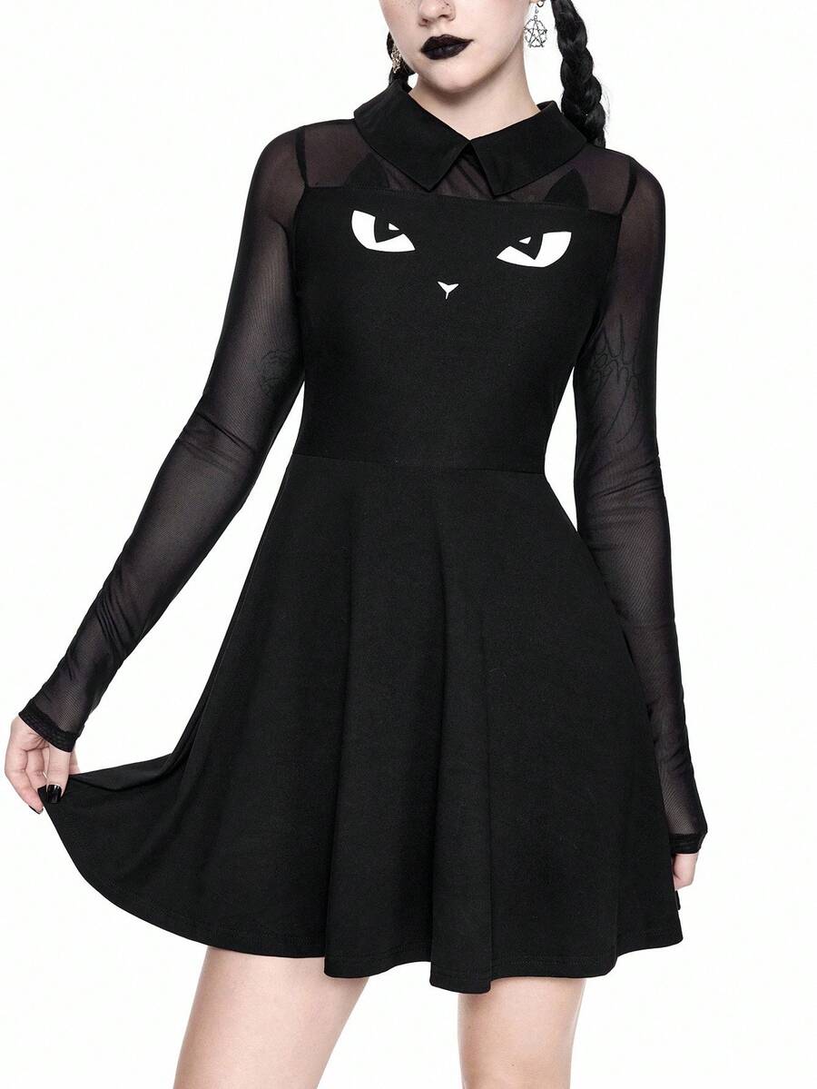 Women wearing a black gothic Halloween cat graphic print mini dress with a collar, extra-long sleeves, and a high waist fit and flare silhouette.