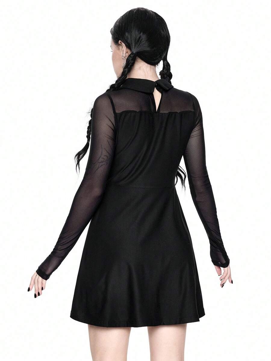 Women wearing a black gothic Halloween cat graphic print mini dress with a collar, extra-long sleeves, and a high waist fit and flare silhouette.