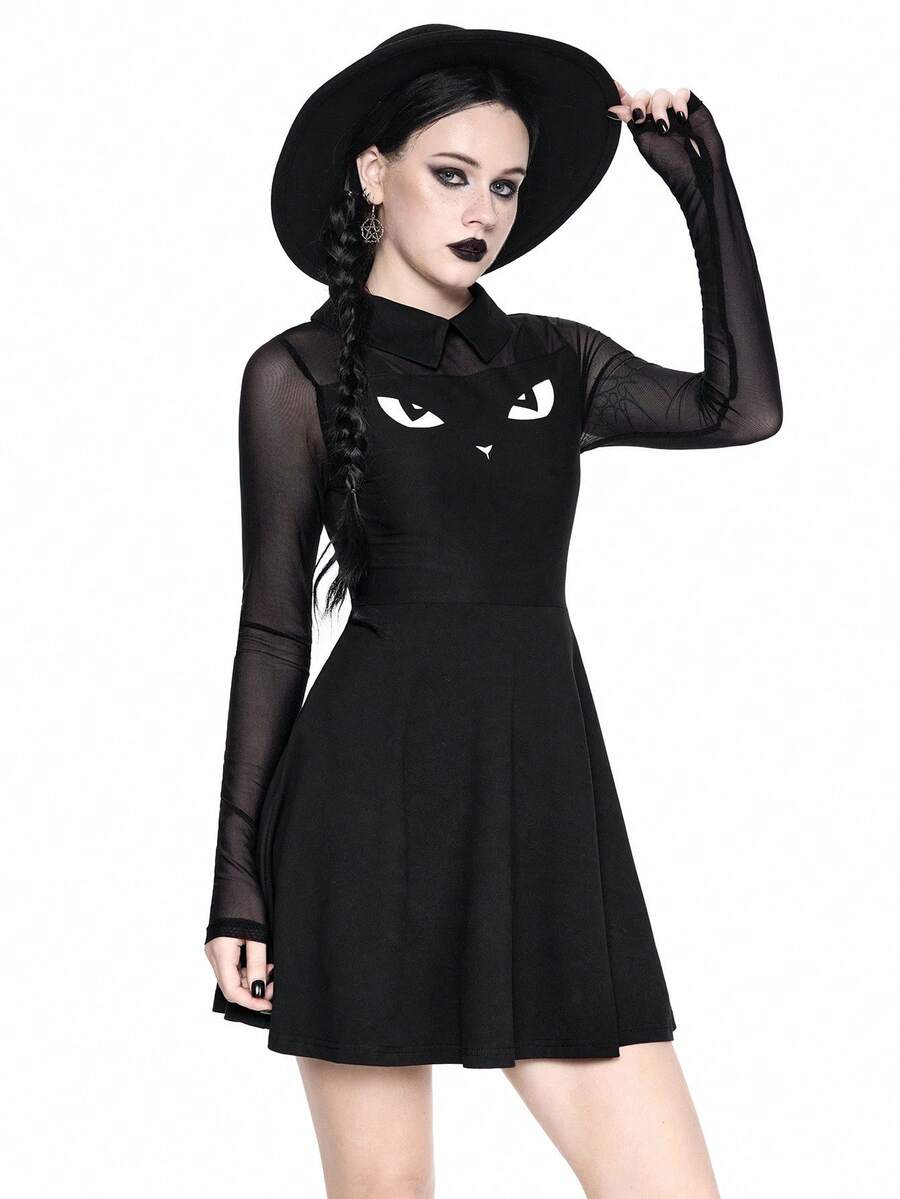 Women wearing a black gothic Halloween cat graphic print mini dress with a collar, extra-long sleeves, and a high waist fit and flare silhouette.