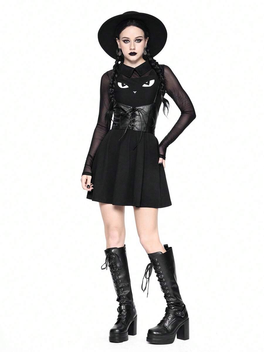Women wearing a black gothic Halloween cat graphic print mini dress with a collar, extra-long sleeves, and a high waist fit and flare silhouette.