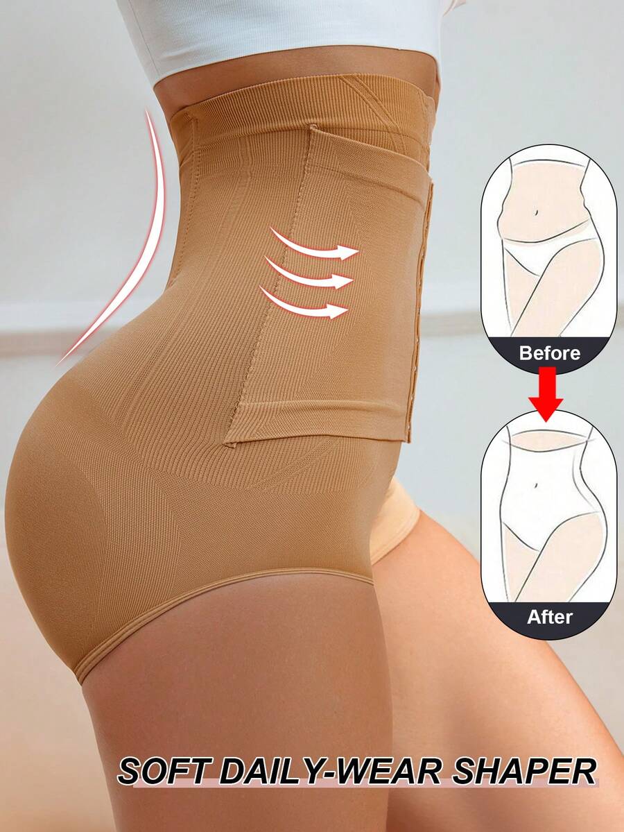 Apricot seamless high waist shaping panties featuring strong tummy control and waist cinching fit for women.