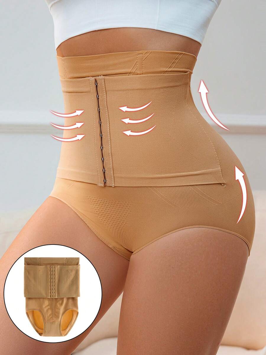 Apricot seamless high waist shaping panties featuring strong tummy control and waist cinching fit for women.