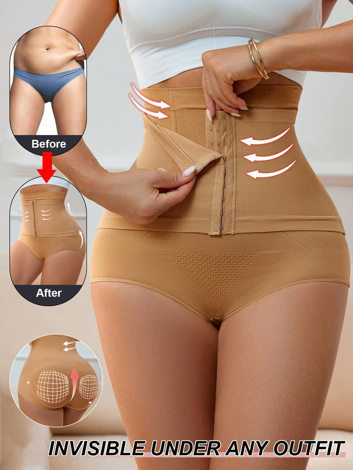 Apricot seamless high waist shaping panties featuring strong tummy control and waist cinching fit for women.