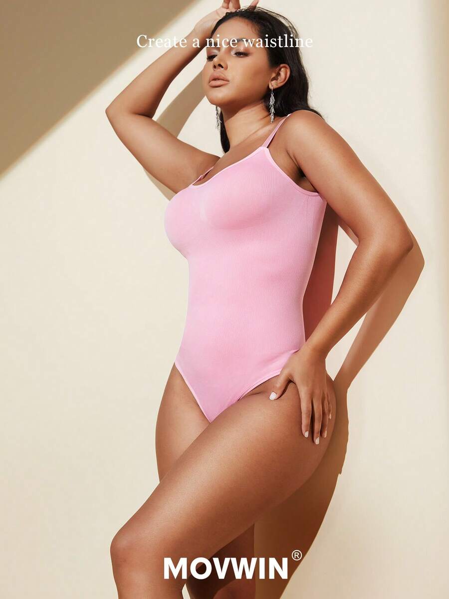Brown seamless shapewear bodysuit featuring backless design, thong bottom, non-removable padding, and high-stretch fabric for tummy and waist control.