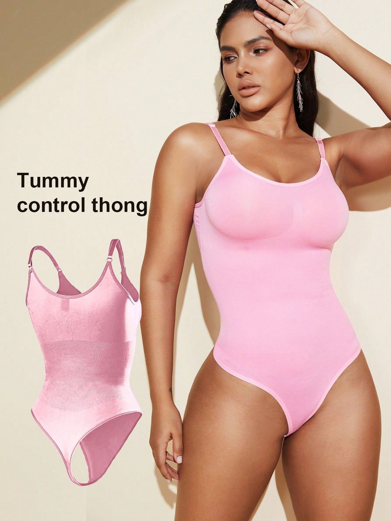 Brown seamless shapewear bodysuit featuring backless design, thong bottom, non-removable padding, and high-stretch fabric for tummy and waist control.