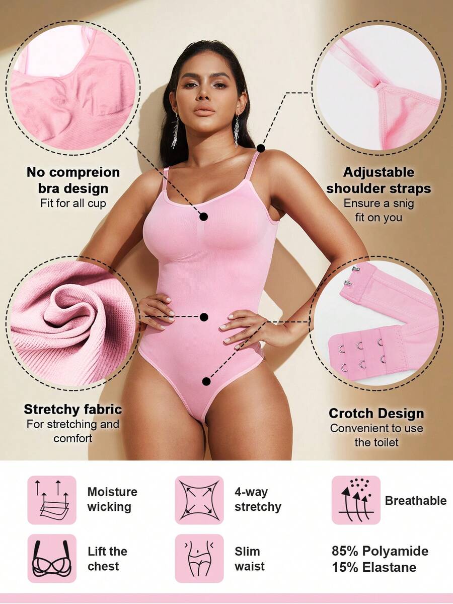 Brown seamless shapewear bodysuit featuring backless design, thong bottom, non-removable padding, and high-stretch fabric for tummy and waist control.