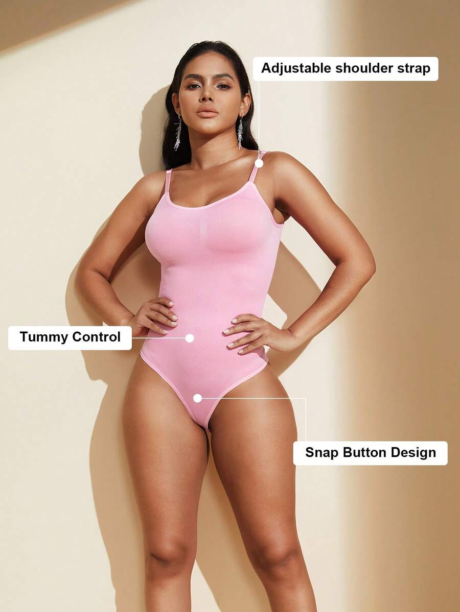 Brown seamless shapewear bodysuit featuring backless design, thong bottom, non-removable padding, and high-stretch fabric for tummy and waist control.