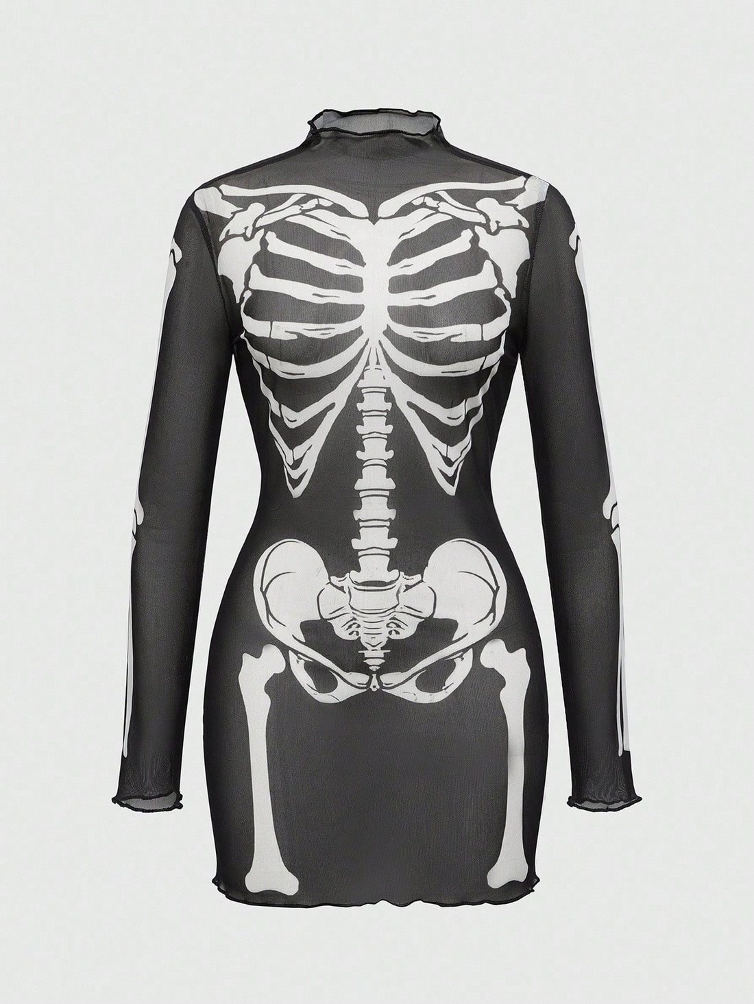 Women wearing a black gothic skeleton semi-sheer mesh mini dress with long sleeves, round neck, and bodycon slim fit.