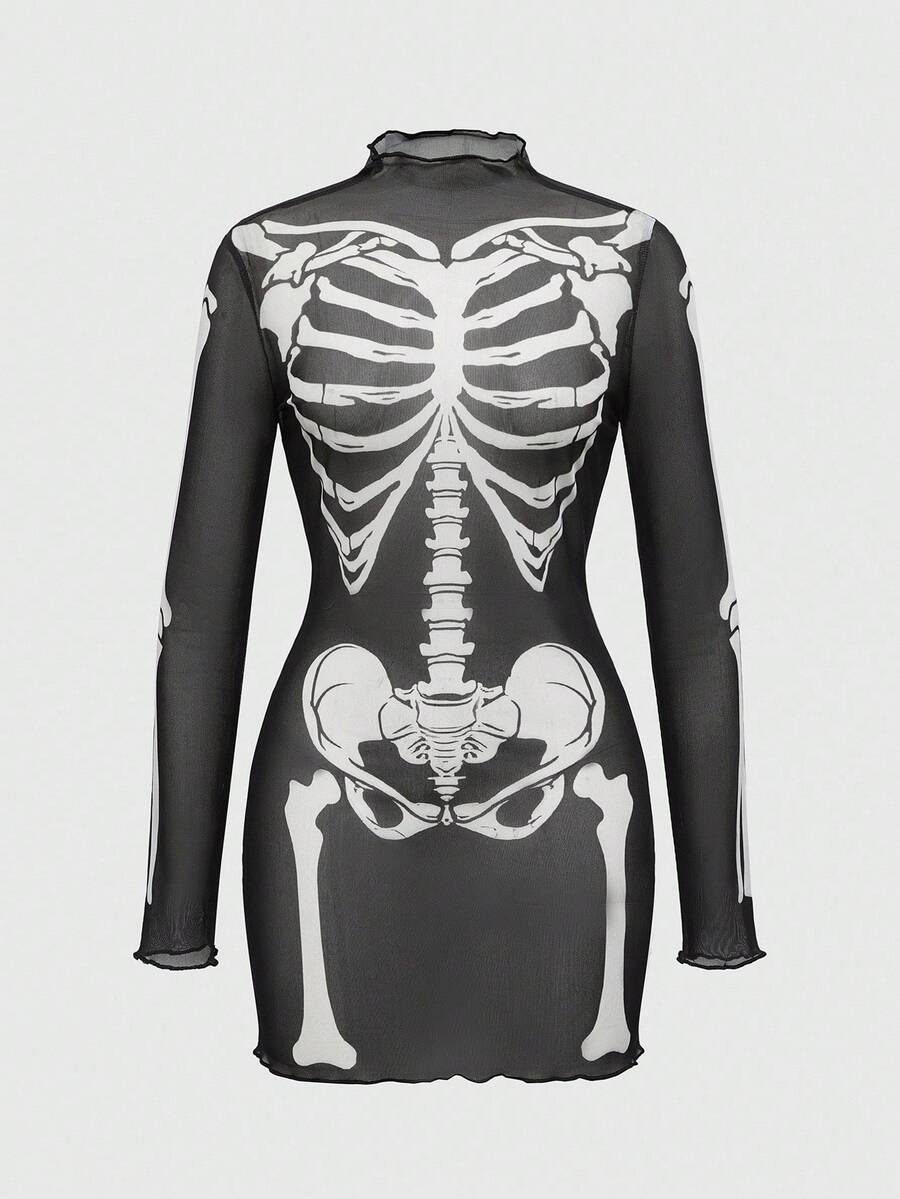 Women wearing a black gothic skeleton semi-sheer mesh mini dress with long sleeves, round neck, and bodycon slim fit.