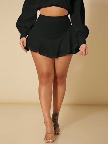 Black high waist ruffle hem skort for women featuring an elastic waistband and lined design.