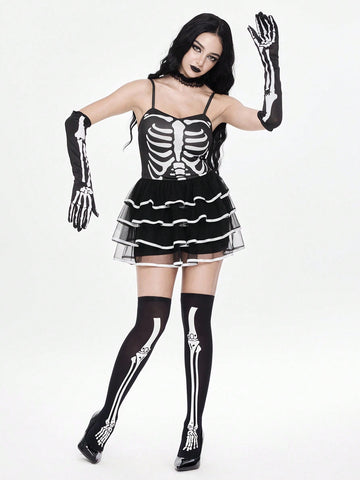 Women wearing a black goth skeleton mesh suspender mini cake dress featuring tiered ruffle hem, spaghetti straps, high waist slim fit, and matching arm sleeves.