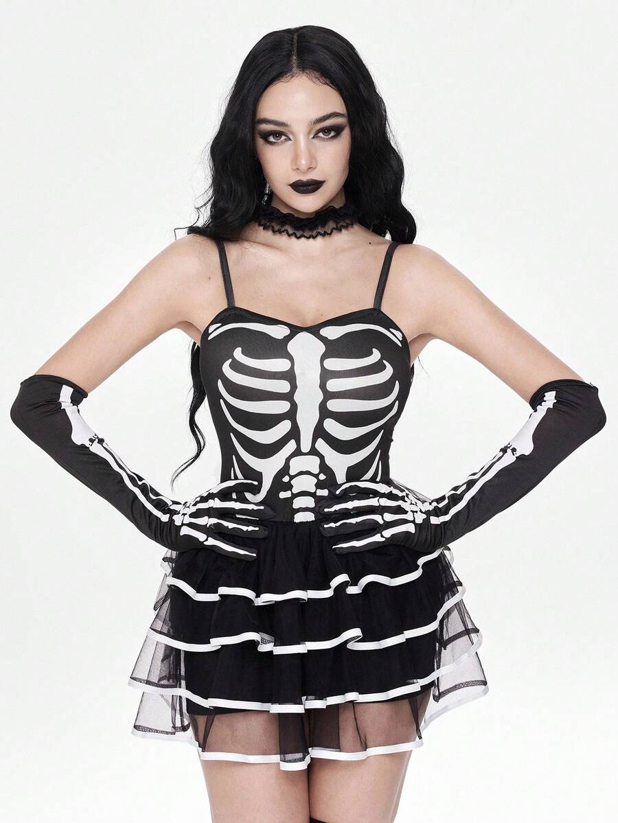 Women wearing a black goth skeleton mesh suspender mini cake dress featuring tiered ruffle hem, spaghetti straps, high waist slim fit, and matching arm sleeves.