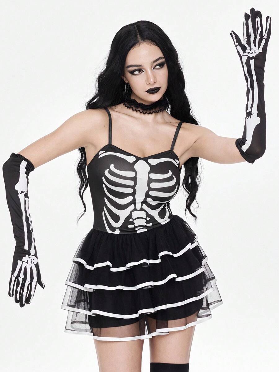 Women wearing a black goth skeleton mesh suspender mini cake dress featuring tiered ruffle hem, spaghetti straps, high waist slim fit, and matching arm sleeves.