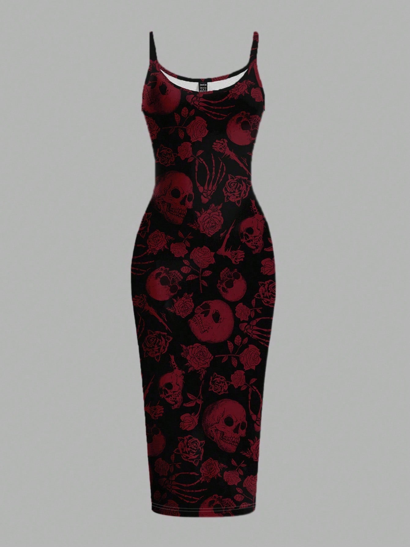 Women's gothic skull and rose bodycon midi slip dress featuring spaghetti straps and a side split thigh hem.