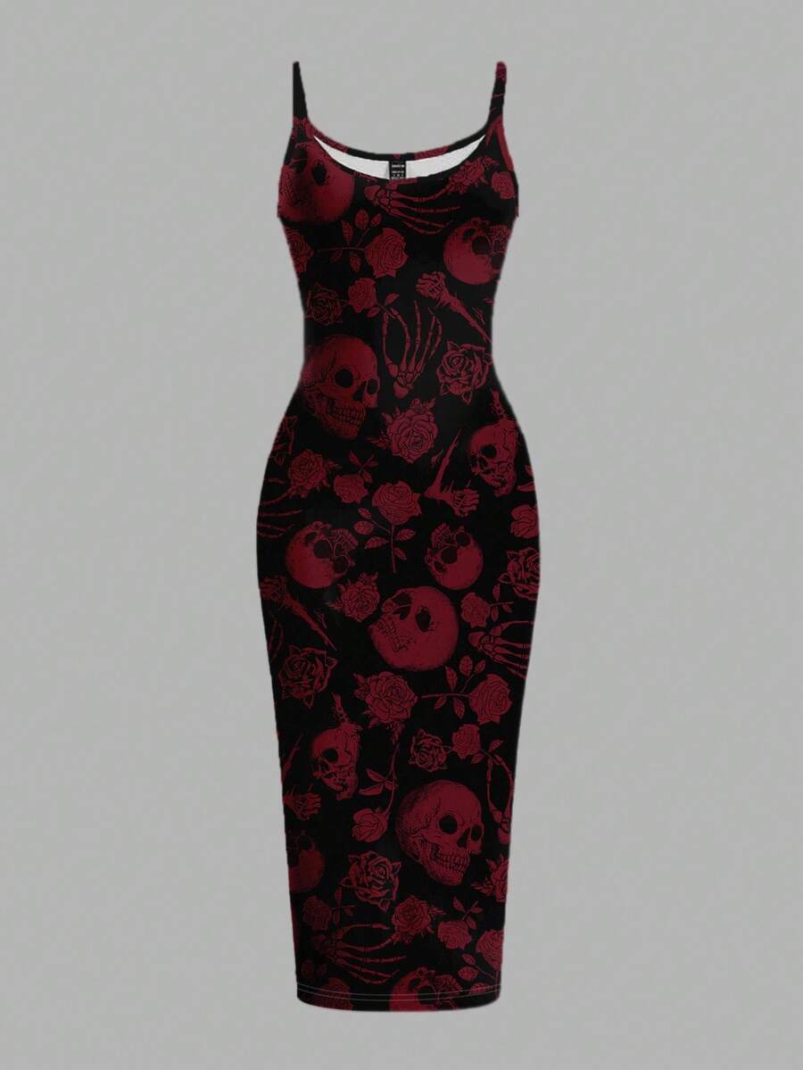 Women's gothic skull and rose bodycon midi slip dress featuring spaghetti straps and a side split thigh hem.