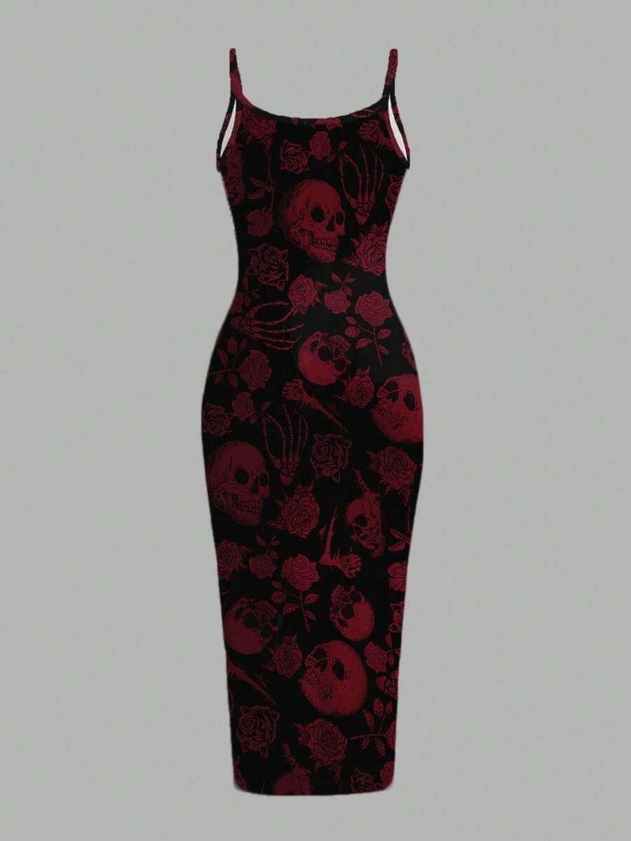 Women's gothic skull and rose bodycon midi slip dress featuring spaghetti straps and a side split thigh hem.