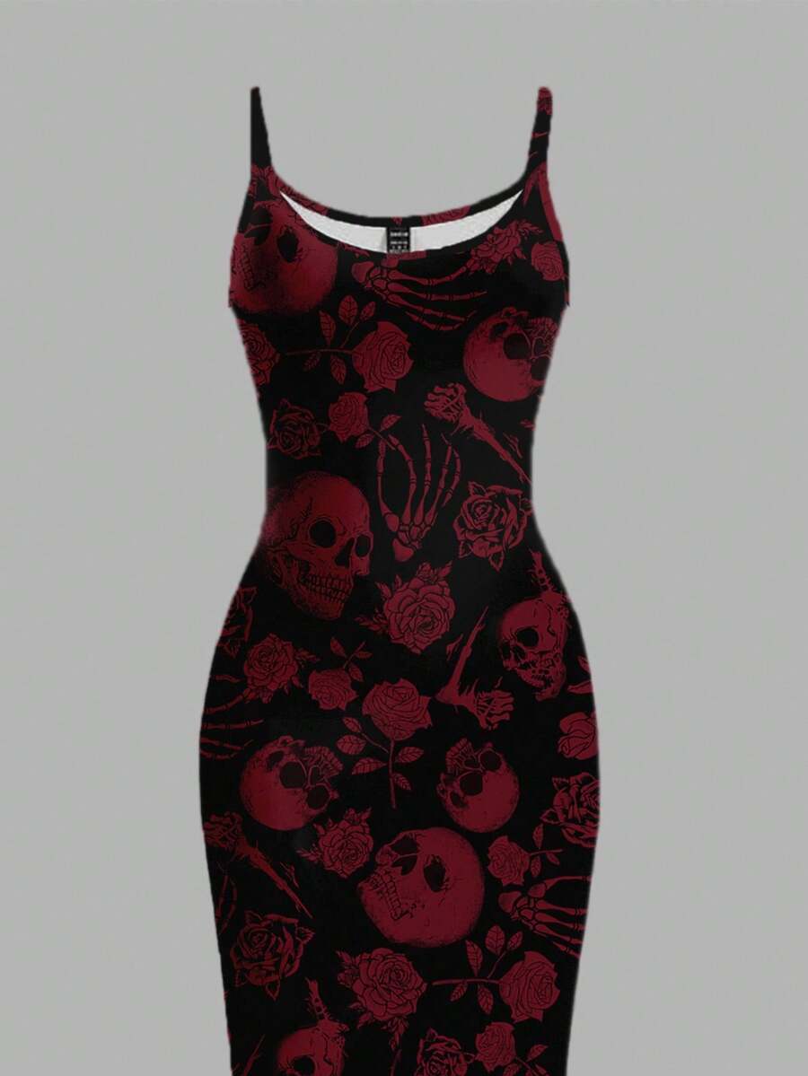 Women's gothic skull and rose bodycon midi slip dress featuring spaghetti straps and a side split thigh hem.