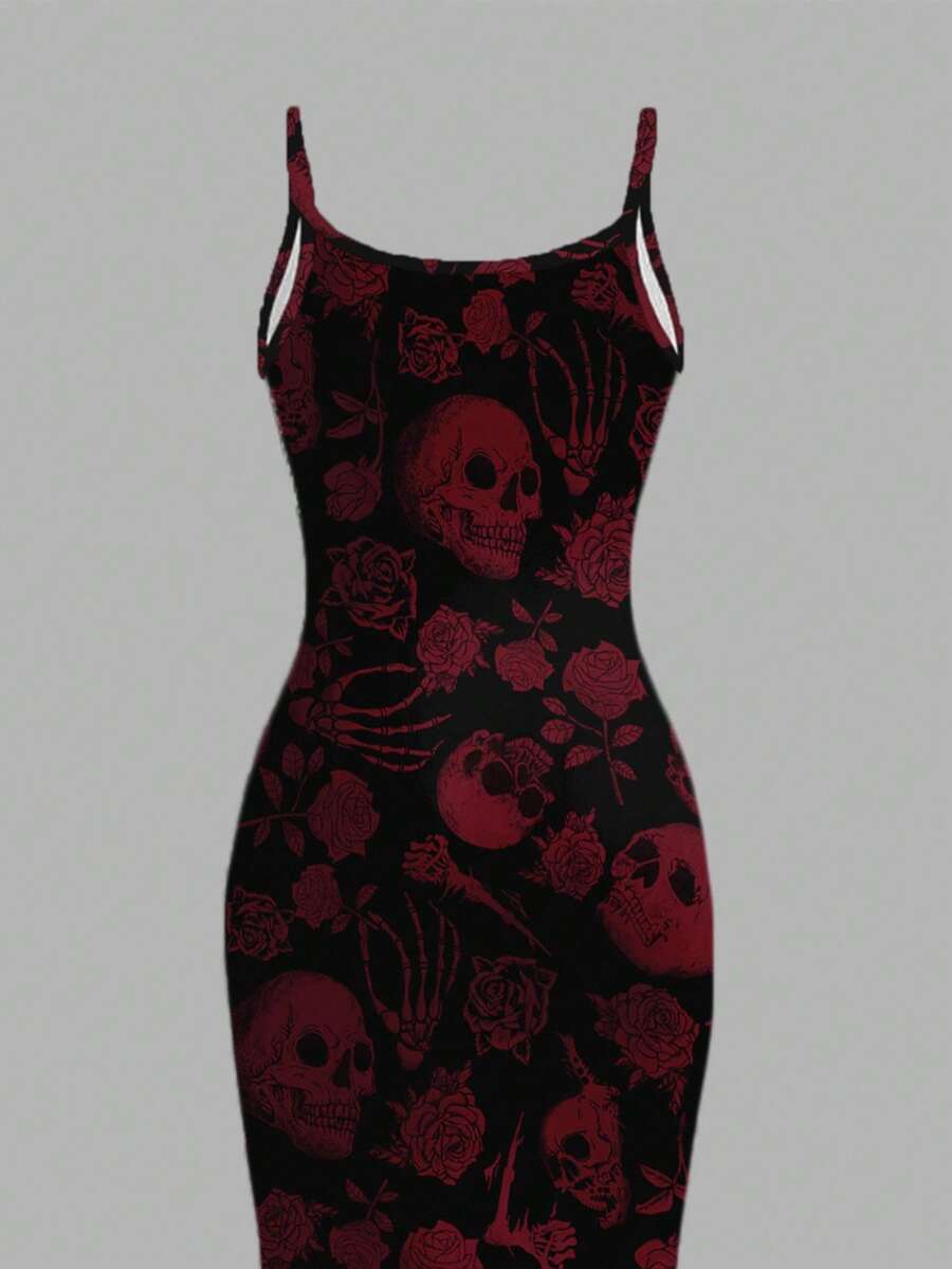 Women's gothic skull and rose bodycon midi slip dress featuring spaghetti straps and a side split thigh hem.
