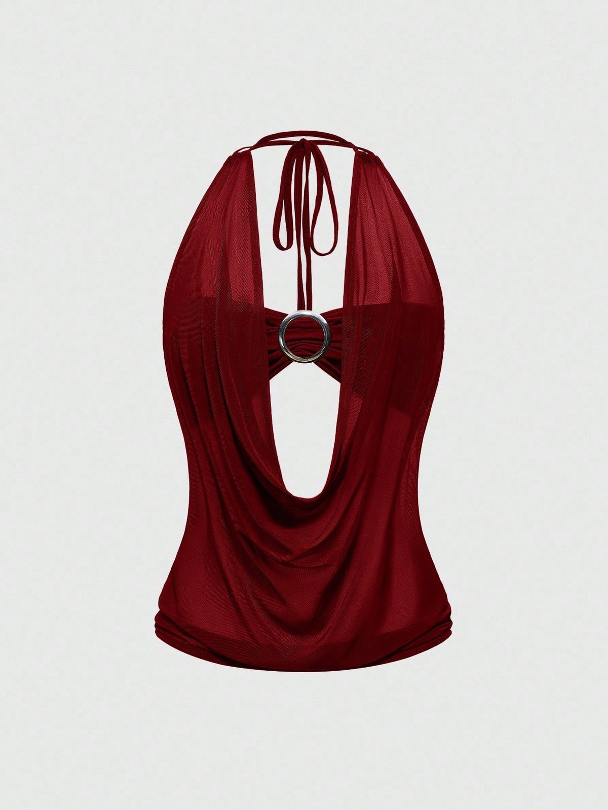 Women's cowl neck halter crop tank top featuring a draped backless design and matching bandeau inner layer.