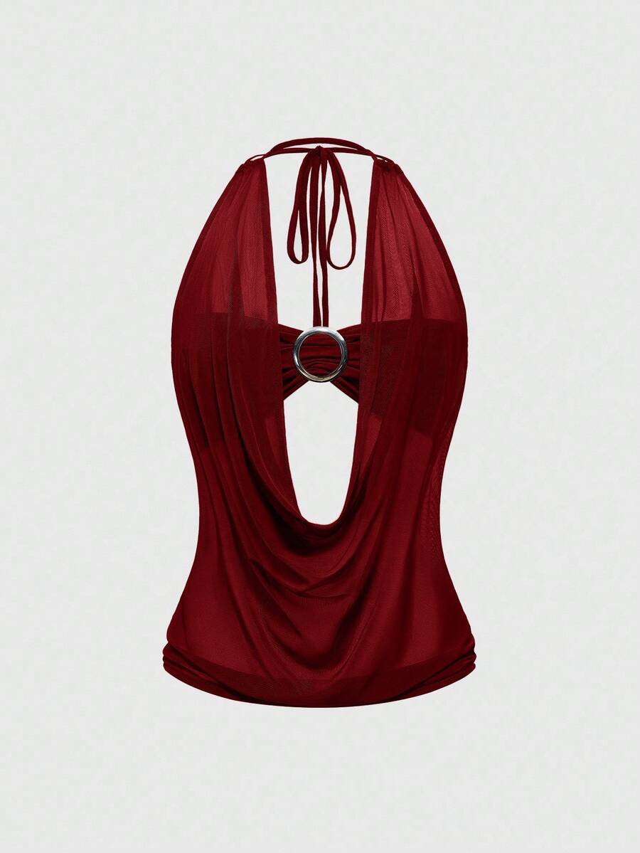Women's cowl neck halter crop tank top featuring a draped backless design and matching bandeau inner layer.