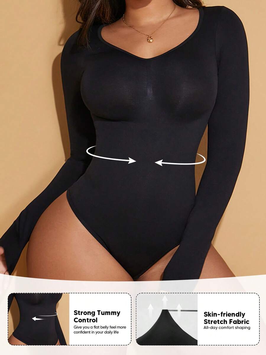 Women's long sleeve shapewear bodysuit featuring tummy control and waist training support