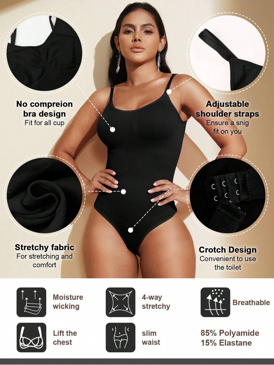 Brown seamless shapewear bodysuit featuring backless design, thong bottom, non-removable padding, and high-stretch fabric for tummy and waist control.