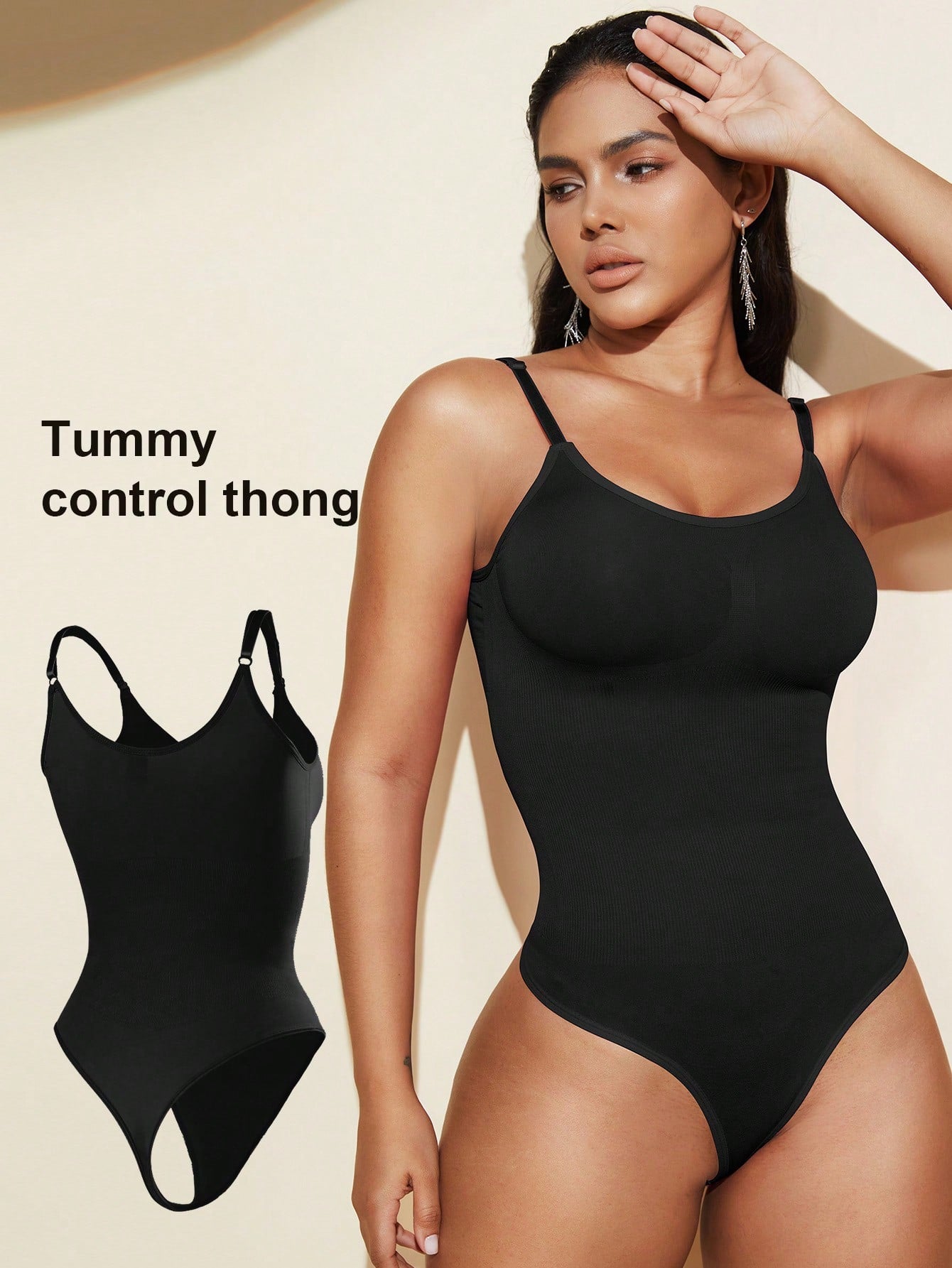Brown seamless shapewear bodysuit featuring backless design, thong bottom, non-removable padding, and high-stretch fabric for tummy and waist control.