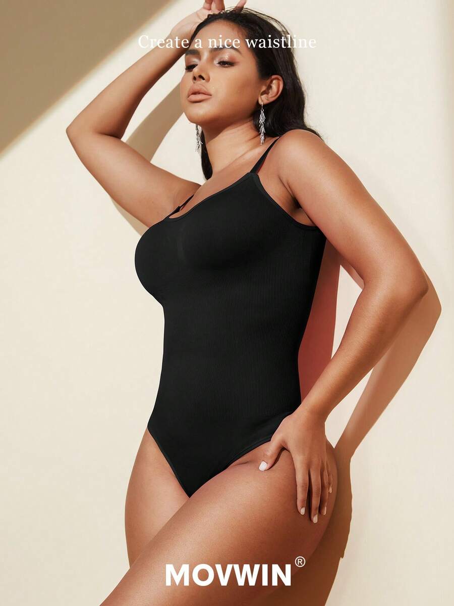 Brown seamless shapewear bodysuit featuring backless design, thong bottom, non-removable padding, and high-stretch fabric for tummy and waist control.