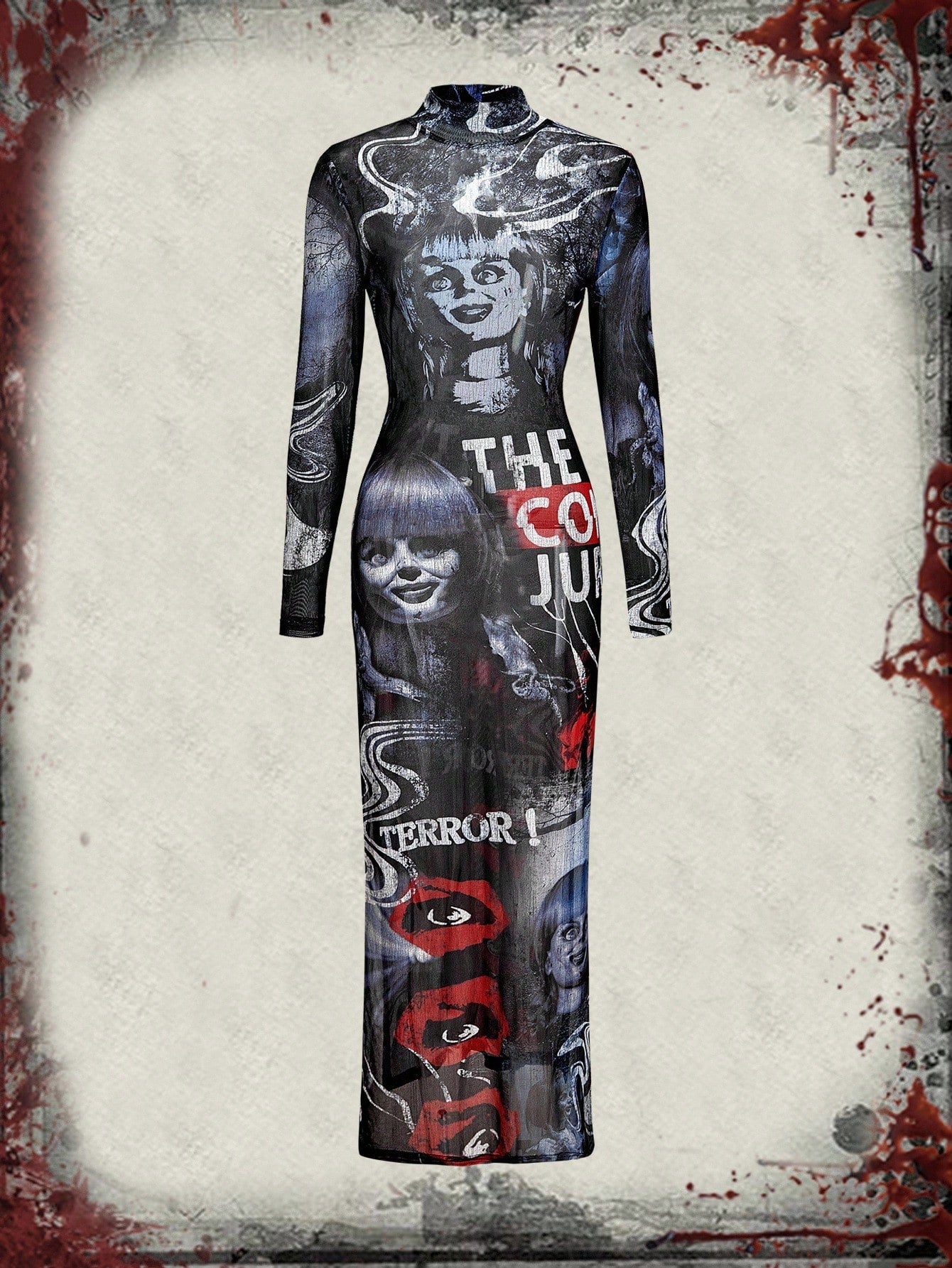 Multicolor graphic print sheer mesh maxi dress for women featuring a stand collar, button front, split thigh high slit, and long sleeves in a slim fit bodycon design.
