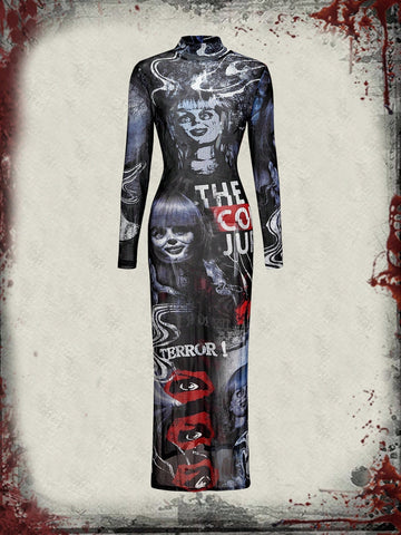 Multicolor graphic print sheer mesh maxi dress for women featuring a stand collar, button front, split thigh high slit, and long sleeves in a slim fit bodycon design.