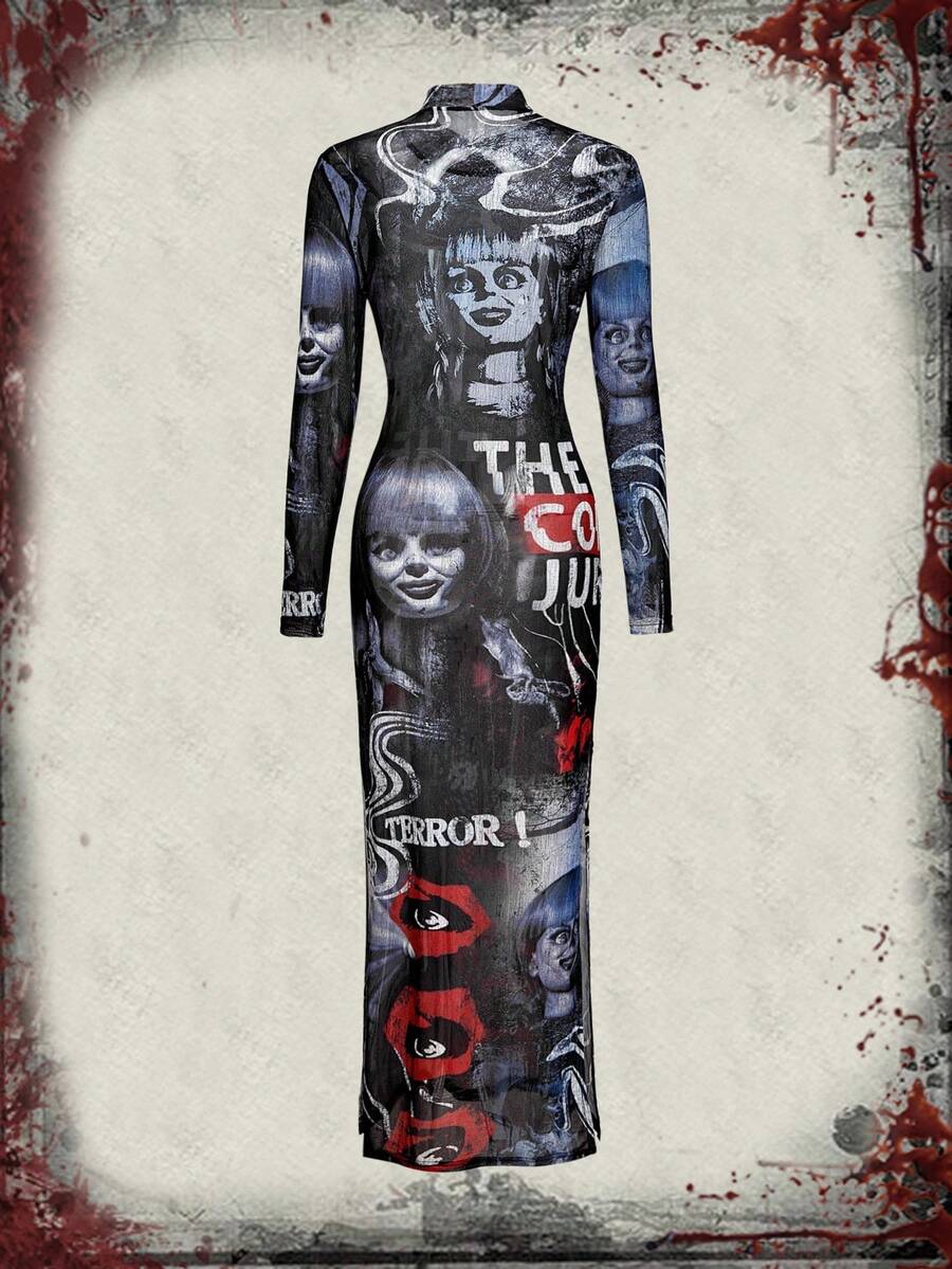 Multicolor graphic print sheer mesh maxi dress for women featuring a stand collar, button front, split thigh high slit, and long sleeves in a slim fit bodycon design.