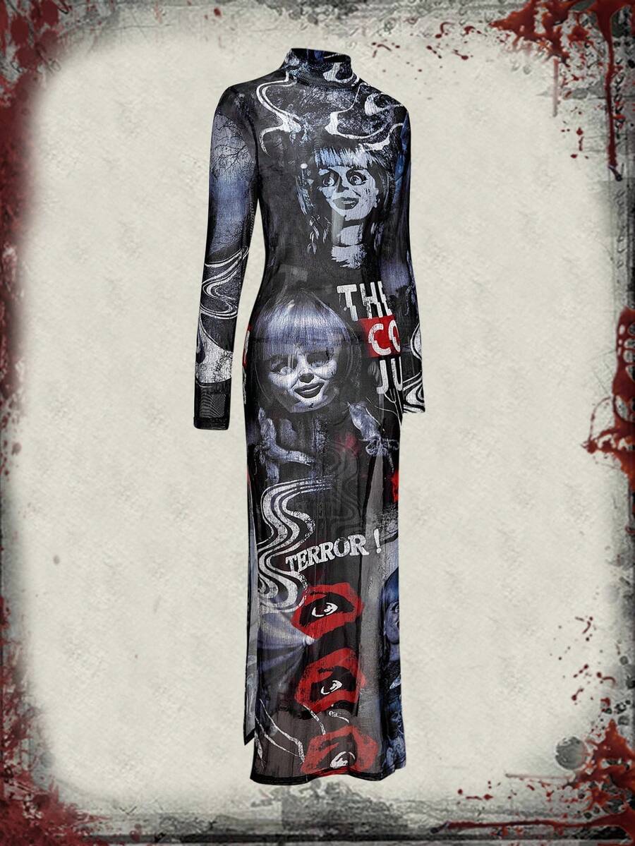 Multicolor graphic print sheer mesh maxi dress for women featuring a stand collar, button front, split thigh high slit, and long sleeves in a slim fit bodycon design.