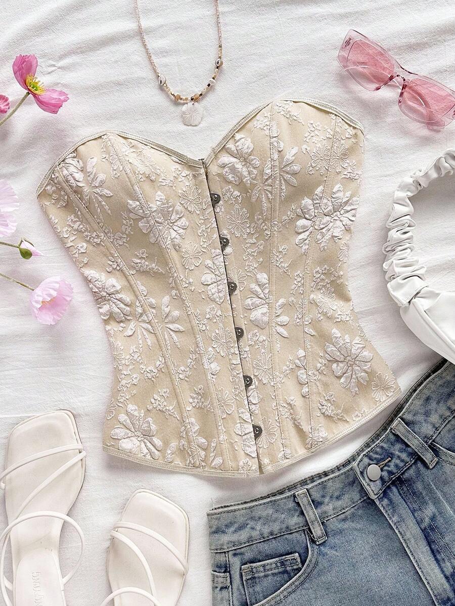 Women's apricot retro floral print bandeau crop top featuring a strapless asymmetrical neckline, lace-up back tie detail, and ruched slim fit woven fabric.