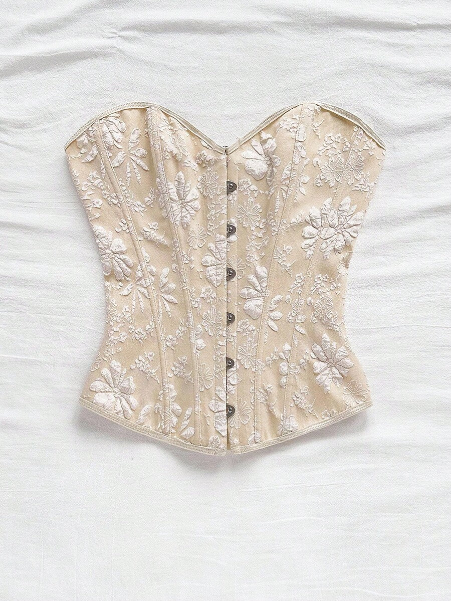 Women's apricot retro floral print bandeau crop top featuring a strapless asymmetrical neckline, lace-up back tie detail, and ruched slim fit woven fabric.