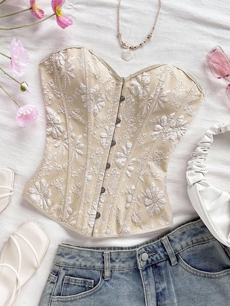 Women's apricot retro floral print bandeau crop top featuring a strapless asymmetrical neckline, lace-up back tie detail, and ruched slim fit woven fabric.