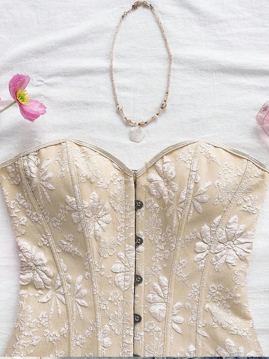 Women's apricot retro floral print bandeau crop top featuring a strapless asymmetrical neckline, lace-up back tie detail, and ruched slim fit woven fabric.