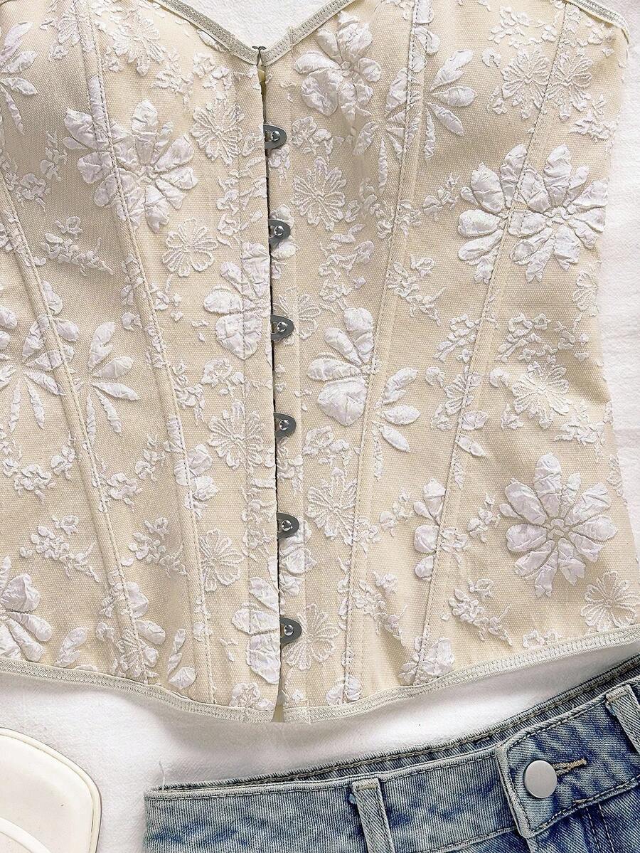Women's apricot retro floral print bandeau crop top featuring a strapless asymmetrical neckline, lace-up back tie detail, and ruched slim fit woven fabric.