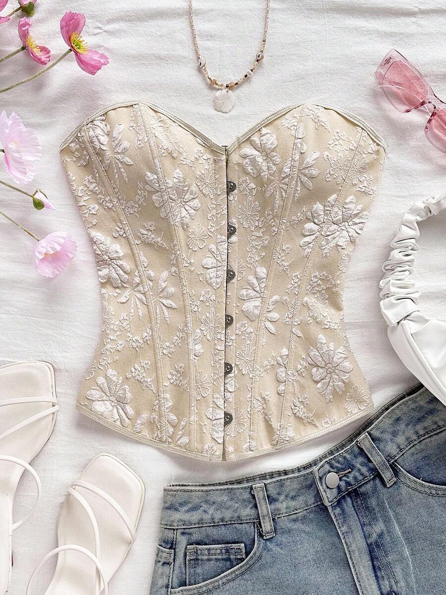 Women's apricot retro floral print bandeau crop top featuring a strapless asymmetrical neckline, lace-up back tie detail, and ruched slim fit woven fabric.