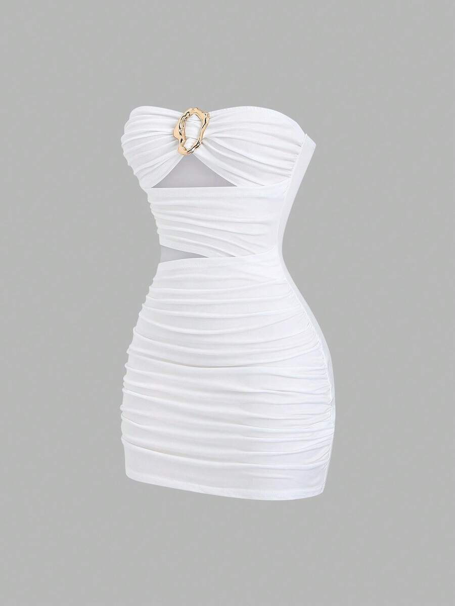 Women's black strapless bodycon mini dress featuring ruched detailing, cut-out design with ring accent, mid-waist pencil hem, and slim fit knitted stretch fabric.