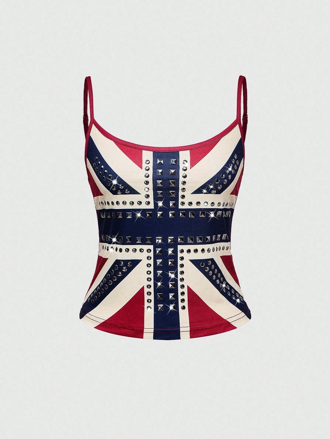 Black spaghetti strap crop camisole top for women featuring a vintage UK flag print with rhinestone and rivet details.