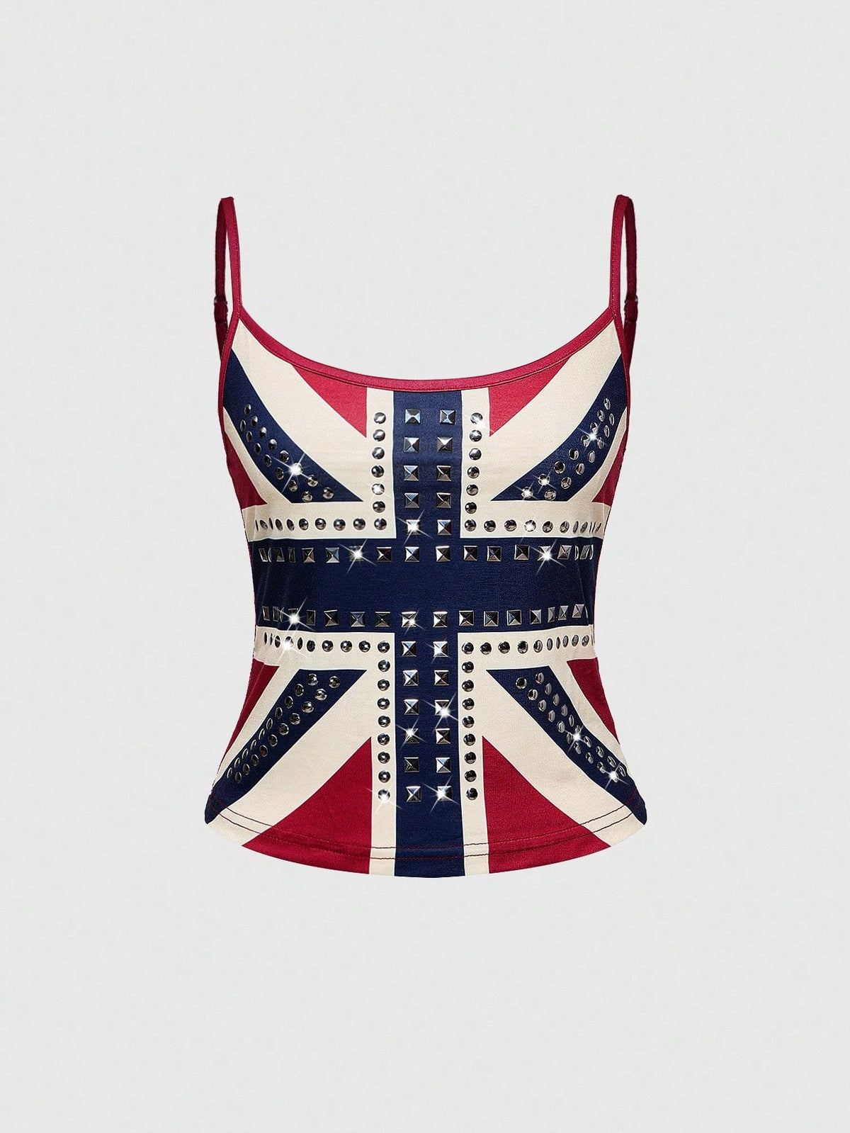 Black spaghetti strap crop camisole top for women featuring a vintage UK flag print with rhinestone and rivet details.