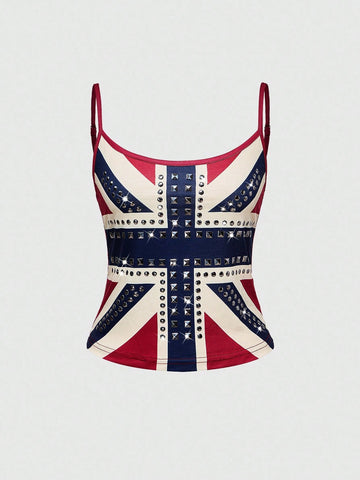 Black spaghetti strap crop camisole top for women featuring a vintage UK flag print with rhinestone and rivet details.
