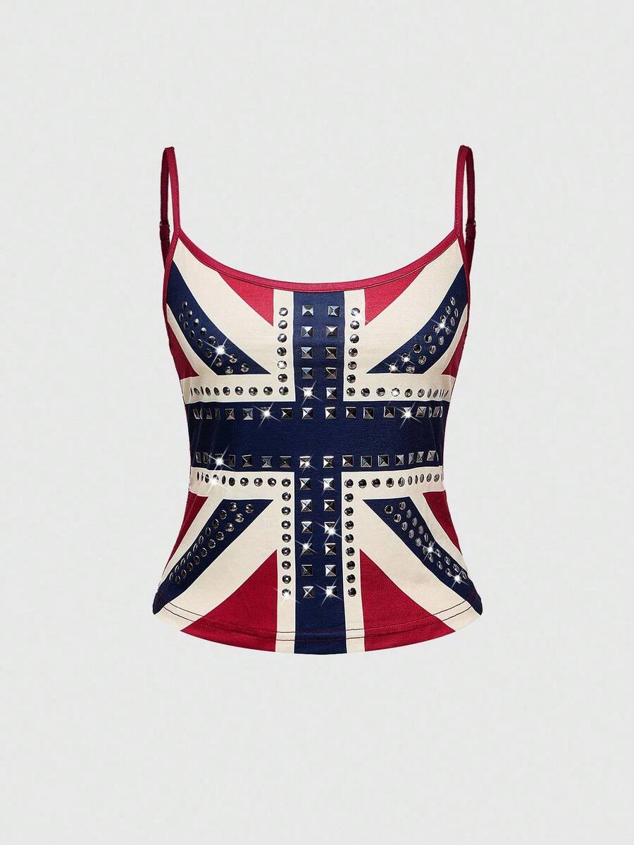 Black spaghetti strap crop camisole top for women featuring a vintage UK flag print with rhinestone and rivet details.