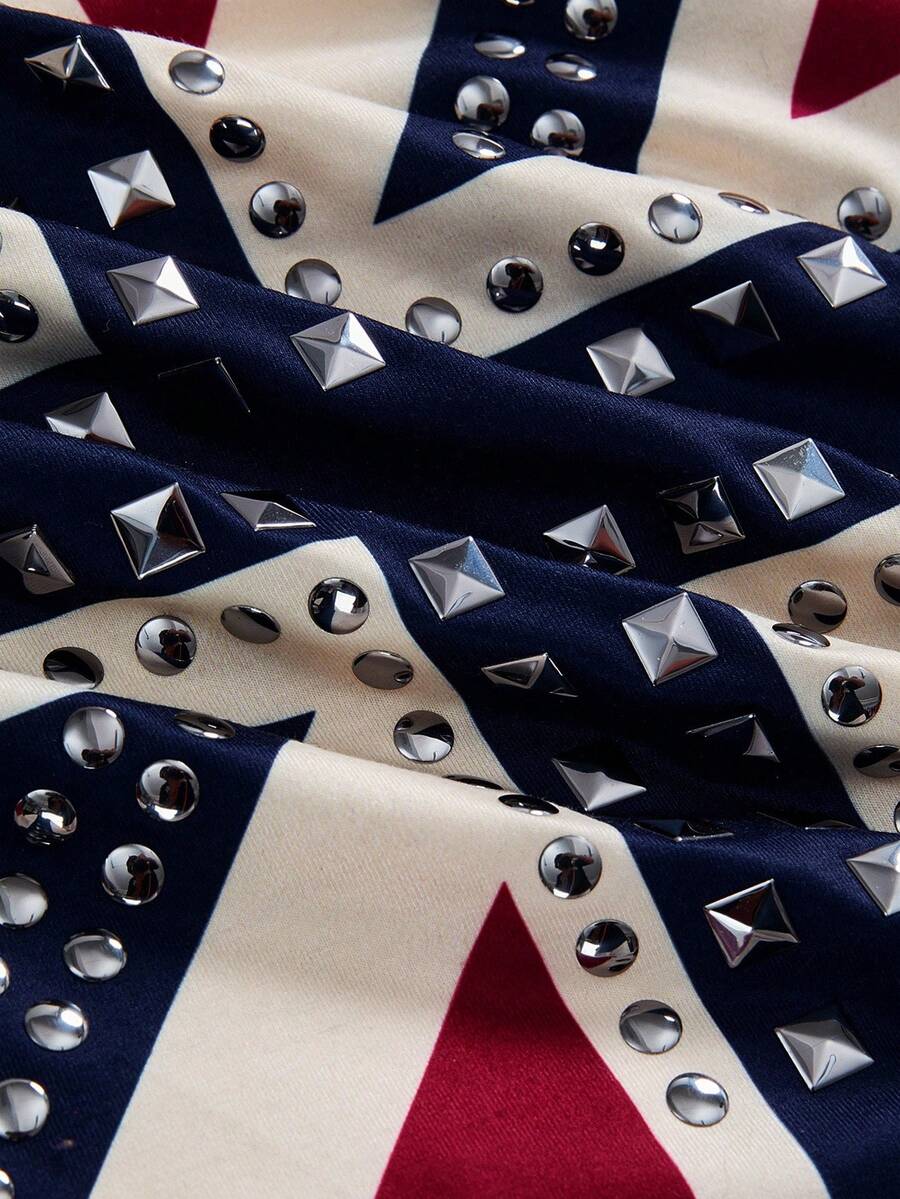 Black spaghetti strap crop camisole top for women featuring a vintage UK flag print with rhinestone and rivet details.