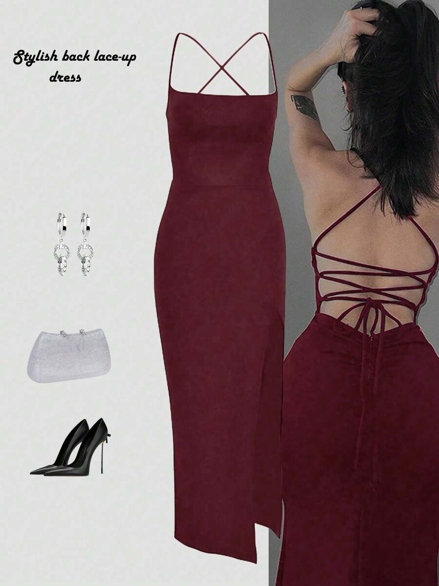 Women's backless sleeveless midi party dress with spaghetti straps and a high slit