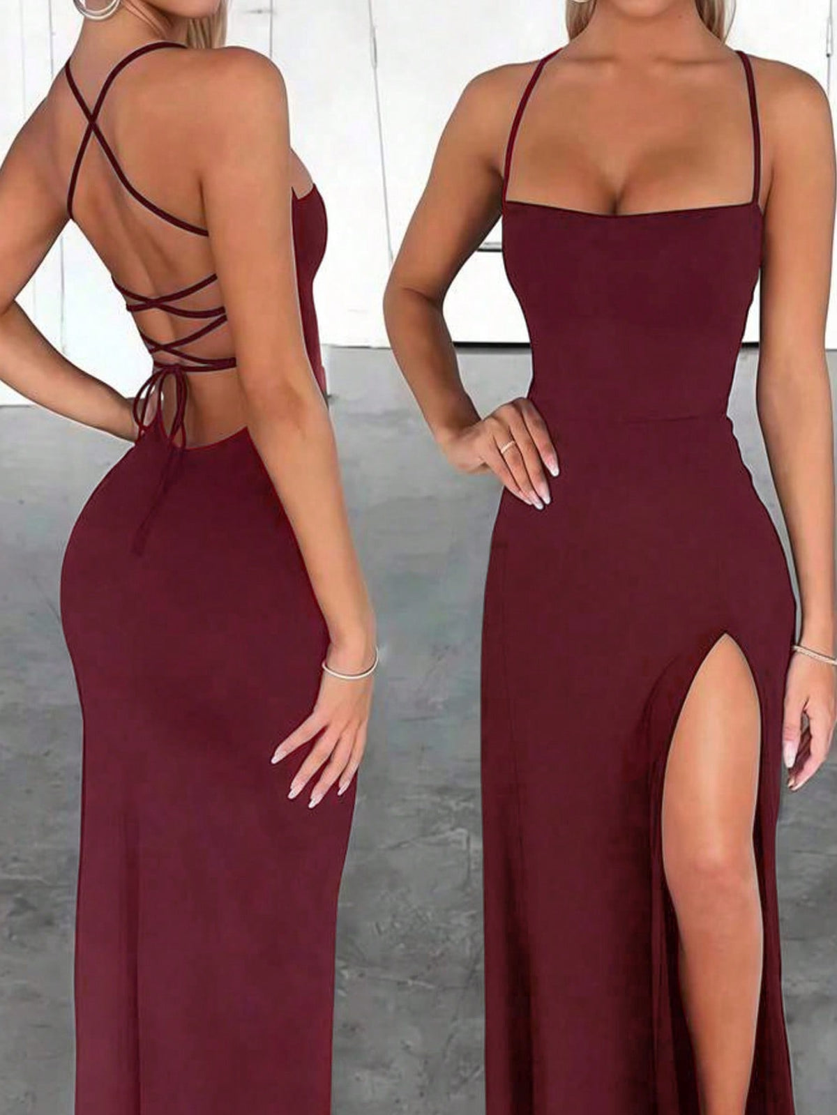 Women's backless sleeveless midi party dress with spaghetti straps and a high slit