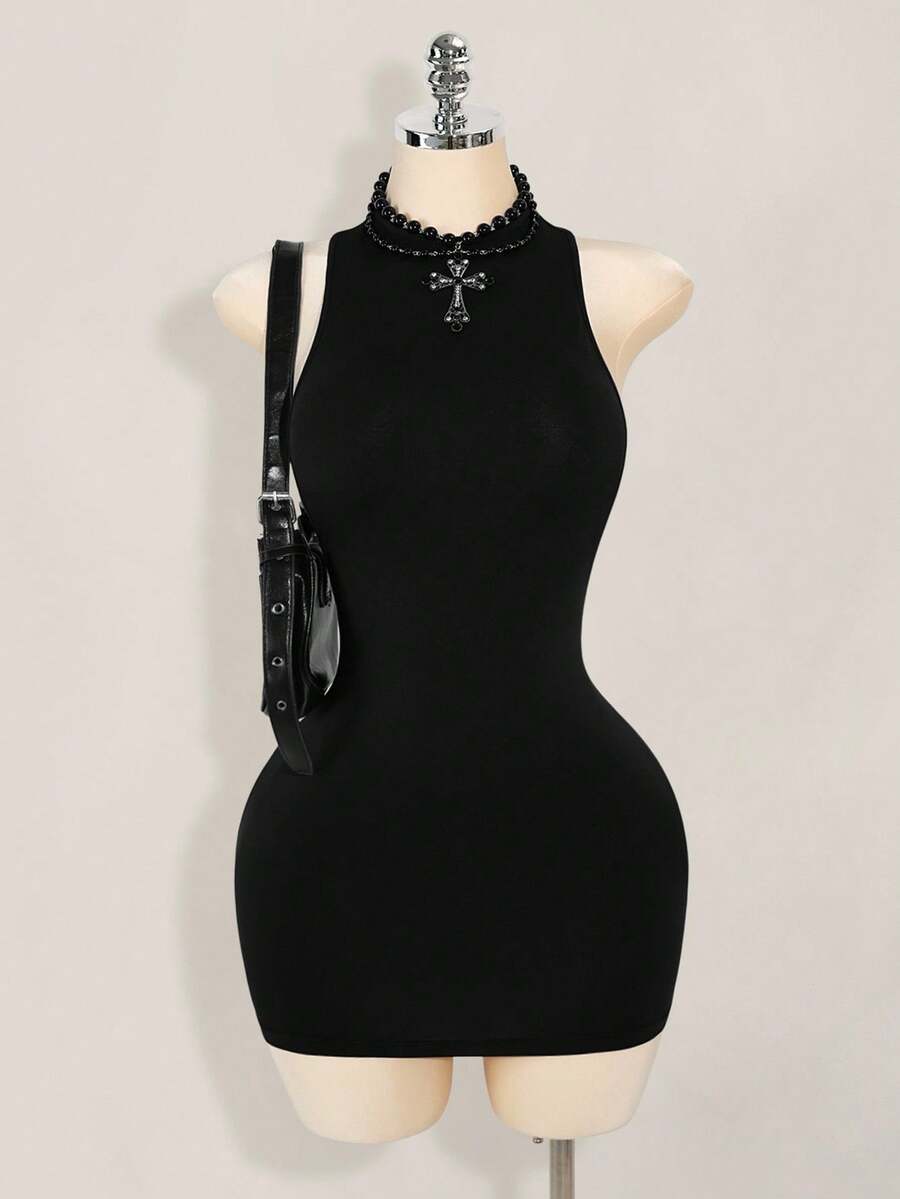 Apricot criss-cross backless bodycon mini dress for women featuring a round neck and rhinestone accent details.