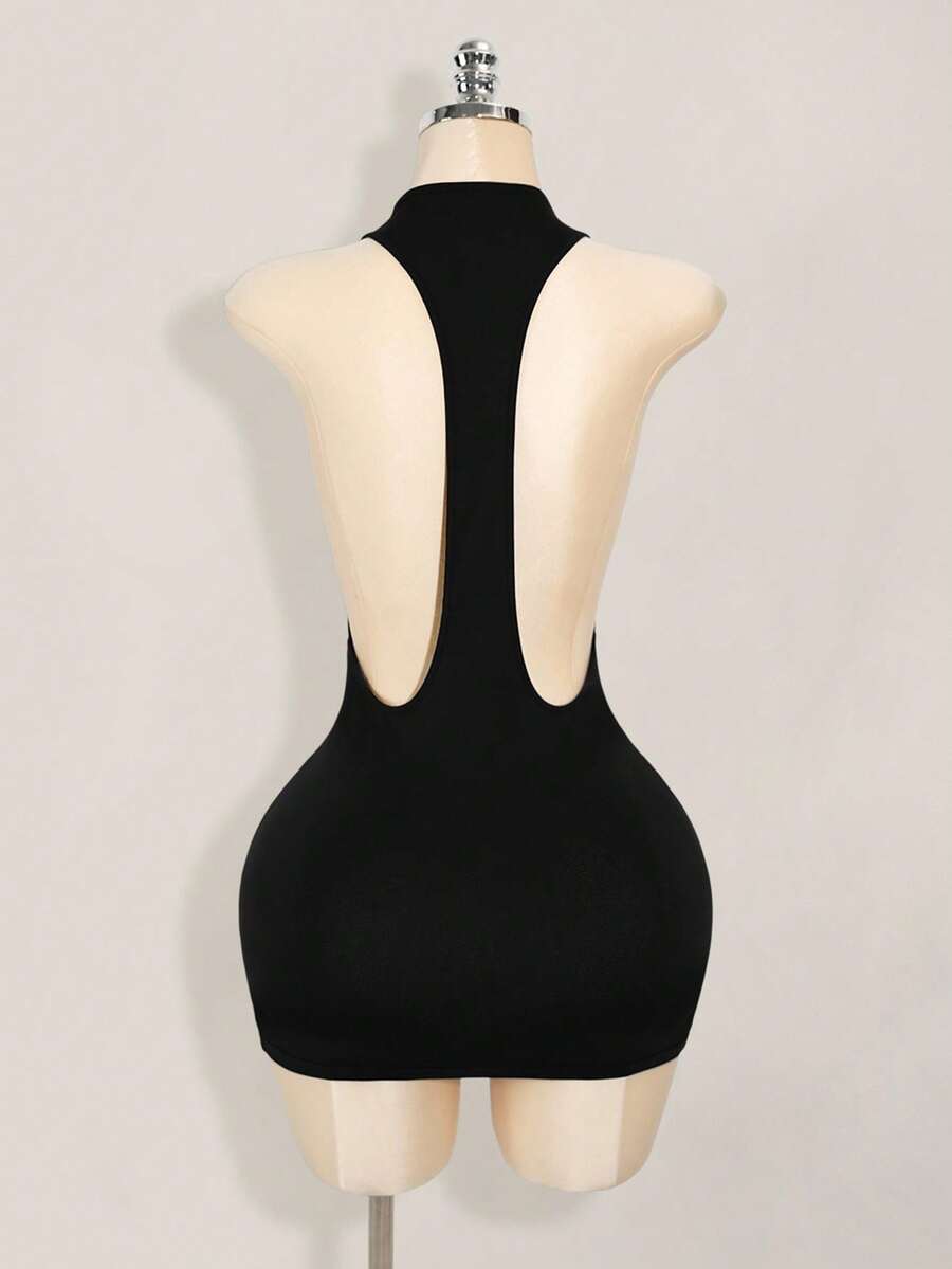 Apricot criss-cross backless bodycon mini dress for women featuring a round neck and rhinestone accent details.